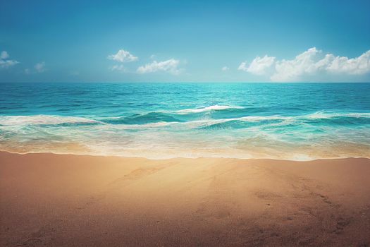3D render of Nature tropical beach sea with palm tree and the ocean. Beautiful beach blue sea water. Blue sky background.