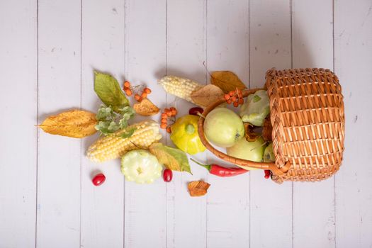 Autumn harvest basket with corn, apples, zucchini and peppers on a wooden background decorated with autumn leaves. High quality photo