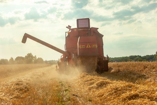 A field with grain and a combine mower in the rising dust, summer rural view