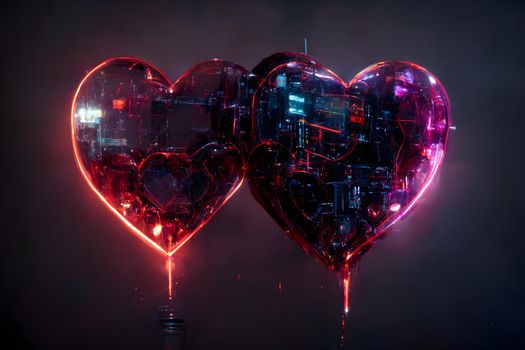 pair of cybernetic glowing decorative hearts on gray background, neural network generated art. Digitally generated image. Not based on any actual scene or pattern.