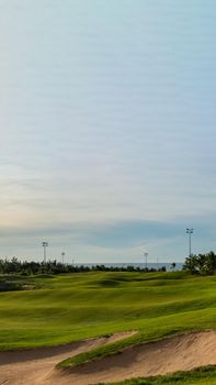 VERTICAL BANNER Beauty sunrise dawn sky golf green hills fabulous background wallpaper Luxury nature.