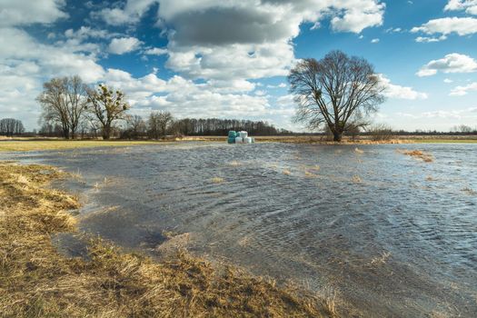 Flooded meadow after melting snow, the view on a clear February day