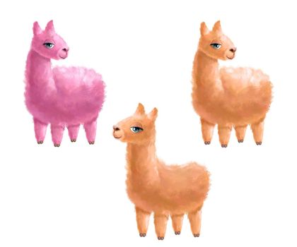 Pink and brown alpaca. Watercolor hand painted illustration isolated white. Funny realistic llama animal. Fluffy funny characters