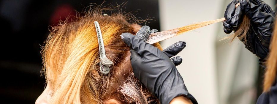 Closeup back view of hairdresser's hands in gloves applying dye to a strand of hair of redhead young woman in a hair salon