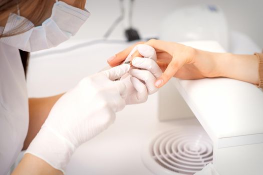 Close up of manicure master with manicure nipper cuts cuticles of female nails at beauty salon