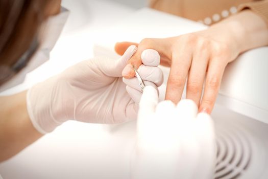 Close up of manicure master with manicure scissors removes cuticles of female nails at beauty salon