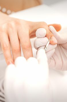 Close up of manicure master with manicure scissors removes cuticles of female nails at beauty salon
