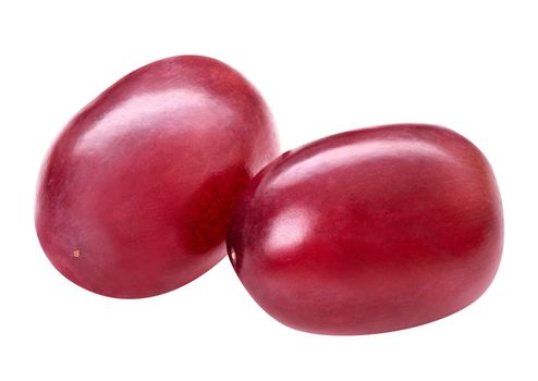 Red ripe grape isolated on white background. Purple dark fresh grape seedless berry. Macro, studio shot, front view.