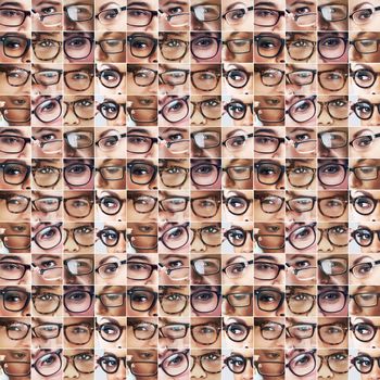 Where there is vision there is hope. Composite image of an assortment of eyes wearing glasses