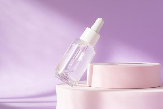 Hyaluronic acid, serum skincare glass bottle on lilac pink podium pedestal. Serum product cosmetic with peptide and collagen. Modern brand cosmetics packaging with shadow. Cosmetic showcase