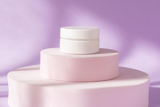 Beauty cosmetic cream jar mockup on purple podium pedestal showcase. Blank skin care product template, luxury skincare body moisturizer bottle. White package creme container on pedestal with shadows