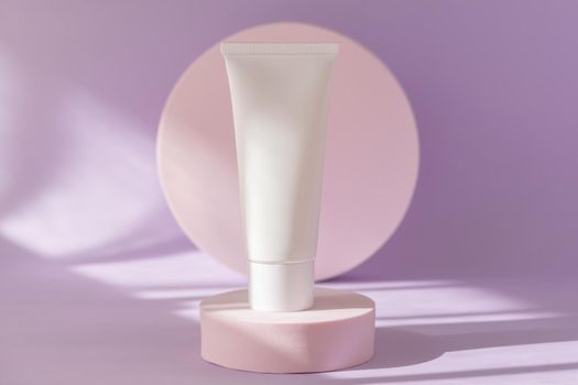 Cosmetics brand mockup on podium pedestal showcase. Beauty cosmetic cream lotion stand background. Skincare product template, sunscreen tube product presentation mock up. White packaging creme bottle