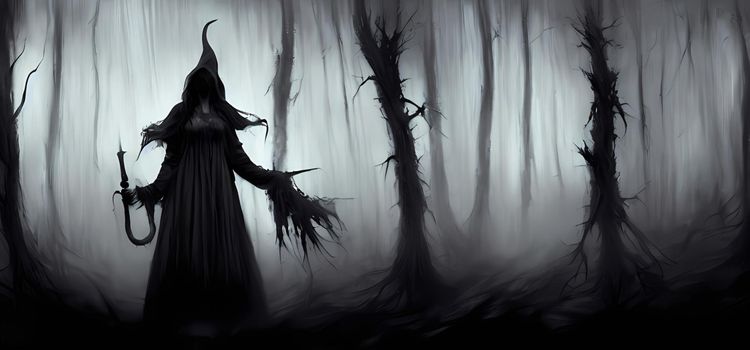 Abstract witch stands in dark and foggy forest. Digital art painting for book illustration,background wallpaper, concept art.