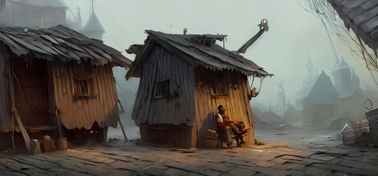 Shanty house. Poverty Concept. Digital painting for book illustration,background wallpaper, concept art.