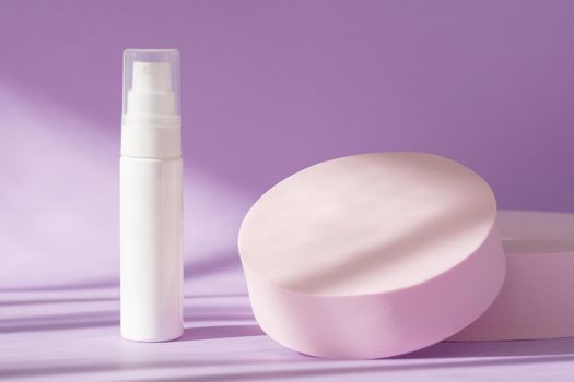 Beauty skincare cosmetic mockup. Product presentation, cosmetics brand, cream, lotion, peptide, collagen, hyaluronic acid on podium pedestal showcase. Minimal template, low angle view, spring concept