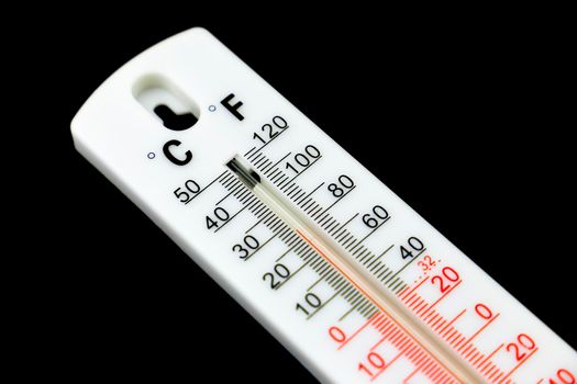 26 Celsius and 80 Fahrenheit degrees on a thermometer on black background