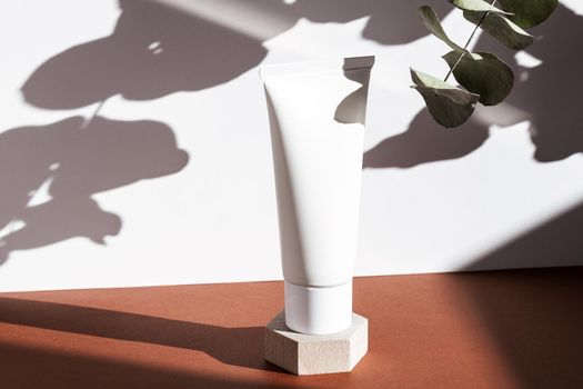 White cosmetic cream tube on wooden geometric pedestal podium, product packaging with natural shadows from plants, body scrub, moisturizing clear, shampoo mockup, biophilic concept. Front view