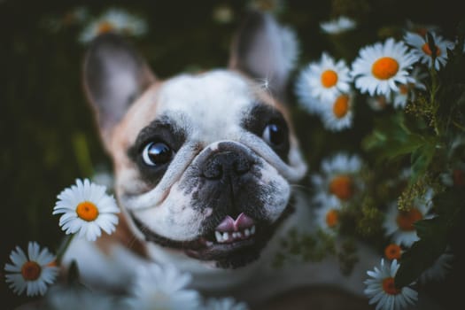 Amazing white French bulldog with spots sits in a meadow surrounded by white chamomile flowers