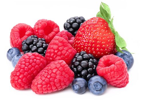 Berries collection isolated on white background. Fresh mix berry set isolate composition, raspberry, blackberry, blueberry, strawberry. Berries macro studio shot cutout. Full depth of field closeup.