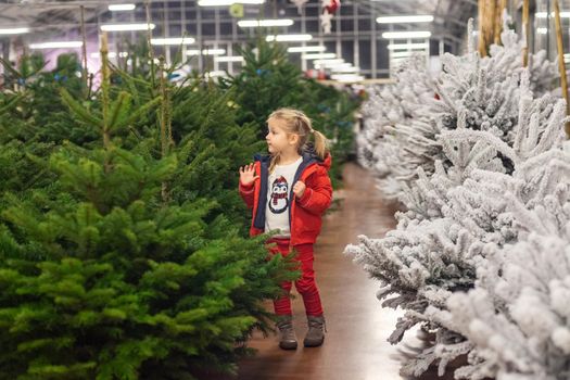Small girl of four years old chooses a Christmas tree in the market.