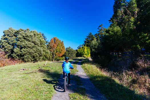 The popular O'Shannassy Aqueduct Trail for bikers and hikers on a cool autumn morning near Warburton in Victoria, Australia