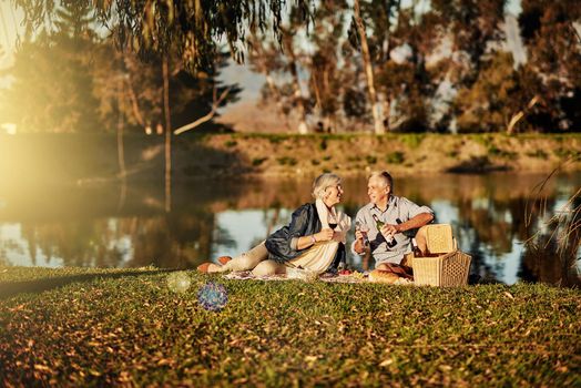Real romance doesnt fade with time. a happy senior couple drinking wine while enjoying a picnic outside
