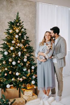 A happy couple in love - a man and a woman. A family in a bright New Year's interior with a Christmas tree.