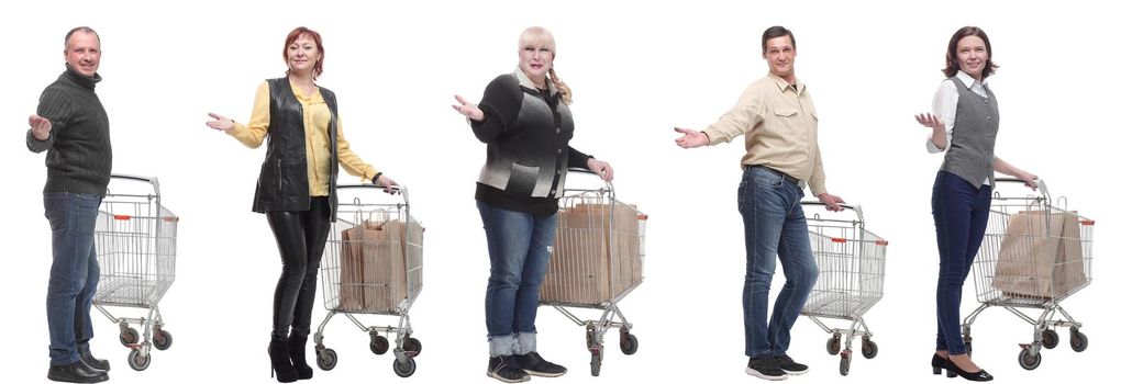 group of people with cart and outstretched hand thumbs up isolated on white background