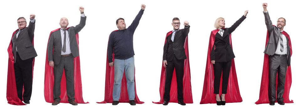 group of people in red raincoat isolated on white background