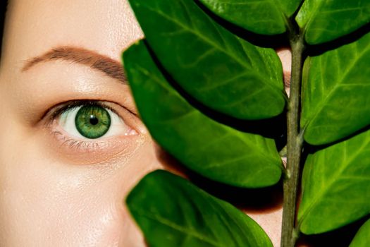 An open, green eye of a woman and a plant with large, green leaves covering the second eye