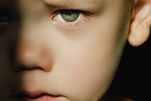 Expressive look of a small child. Baby's eye close-up. Gray green iris