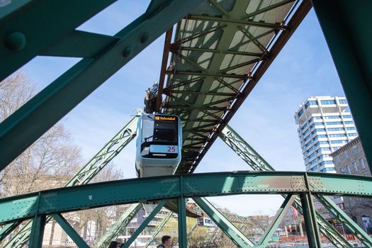 Wuppertal Suspension Railway train in Germany. The unique electric monorail system is Wuppertal's landmark. North Rhine-Westphalia, High quality photo