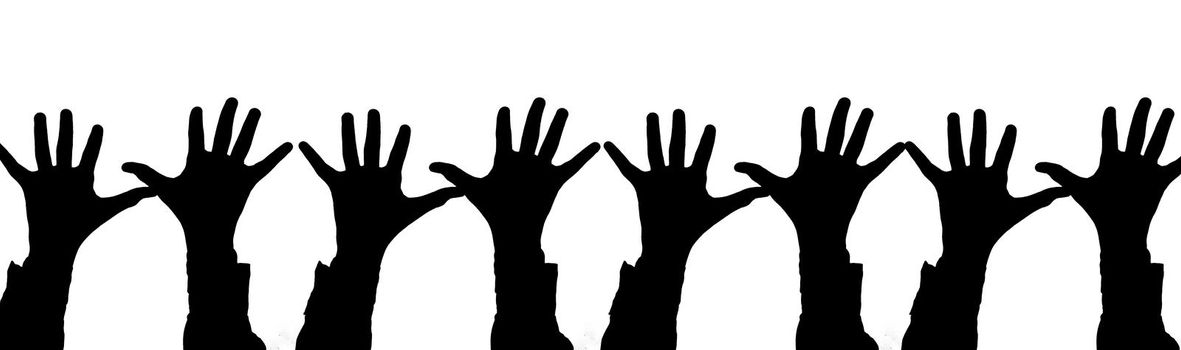 Silhouette of a young boy with his hands raised in air isolated on white background.
