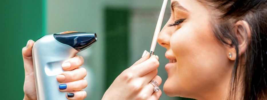 Side view of a make-up artist using aerograph making an airbrush makeup foundation on a female face in a beauty salon