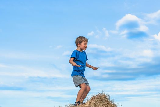 Boy smile play dance grimace show off blue t-shirt stand on haystack bales of dry grass, clear sky sunny day. Balance training. Concept happy childhood, children outdoors, clean air close to nature.