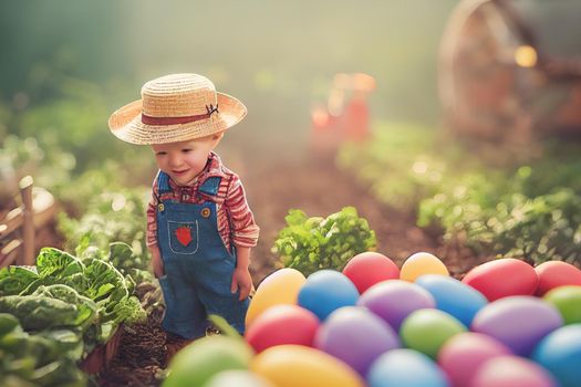 3D render of cute little boy peasant dressed in overalls, checkered shirt, straw hat with farmer gear equipped in garden full of Easter eggs.