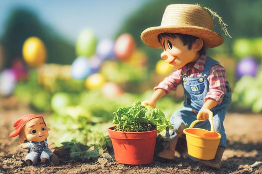 3D render of cute little boy peasant dressed in overalls, checkered shirt, straw hat with farmer gear equipped in garden full of Easter eggs.