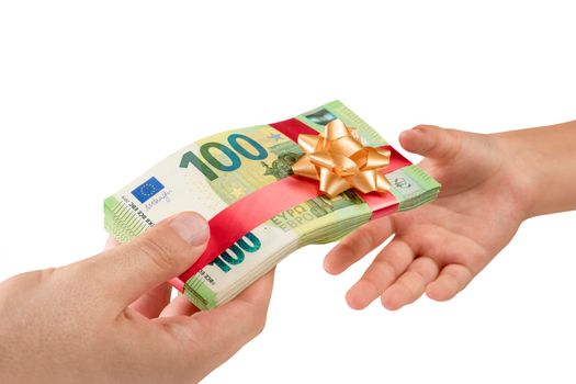 Money as a gift isolate on white, prize or bonus. A man gives a bundle of money to a child. Banknotes of 100 euros are tied with a red ribbon with a bow