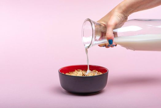 Cooking muesli. A woman pours milk from a jug into a saucer with muesli flakes. Pink background with place to insert text. Large banner for print or advertising.