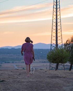 Young girl walking her dog in nature at sunset.Horizon mountains in the background