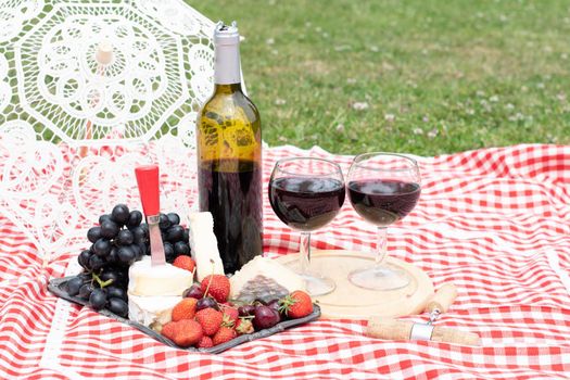 summer picnic on a green lawn with red wine, cheese and fresh berries, grapes, cherries, strawberries, summer vacation. High quality photo