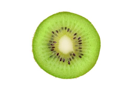 Closeup slice of one green kiwi fruit isolated on white background. Ripe fresh juicy single qiwi fruit close up. Macro, studio shot.