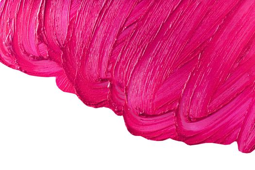 Purple cosmetics smear pattern. Liquid lipstick cosmetic isolated on white. Beauty product sample closeup. Pink swatch matt backdrop. Makeup fashionable creamy texture stroke