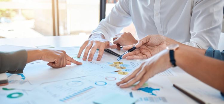 Business planning team, collaboration and marketing analytics at a creative agency or company with hands, paperwork closeup. Group of project management people discussion of finance, chart and graph.