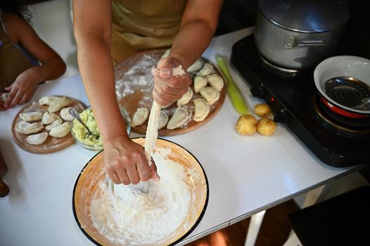 View from above of a woman, housewife kneading dough, holding her hands above an enamel bowl with flour, cooking dumplings in the country kitchen. Homemade vareniki on a wooden board. Selective focus