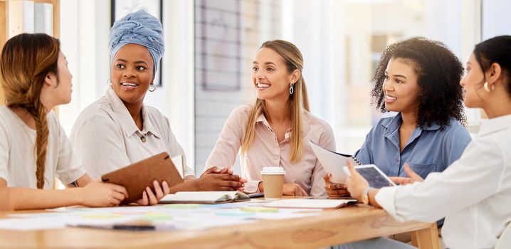 Marketing strategy, business women and collaboration teamwork in inclusive office room with diversity empowerment. Smile, happy and motivation people in communication, meeting and designer innovation.