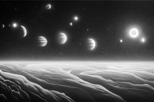 3D render of dark night space landscape with half lighted Jupiter at horizon and very small planets orbiting around.