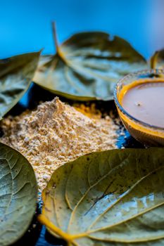 Face mask for nourishing your skin consisting of betel leaves, besan or chickpea powder, Multani mitti, or mulpani mitti on a black surface.