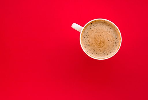 Breakfast, drinks and modern lifestyle concept - Hot aromatic coffee on red background, flatlay