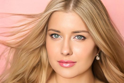 Beauty, makeup and hairstyle, beautiful blonde woman with glossy lipstick make up on pink background as bridal make-up look, fashion and glamour model face portrait for cosmetics, skincare and hair care brand